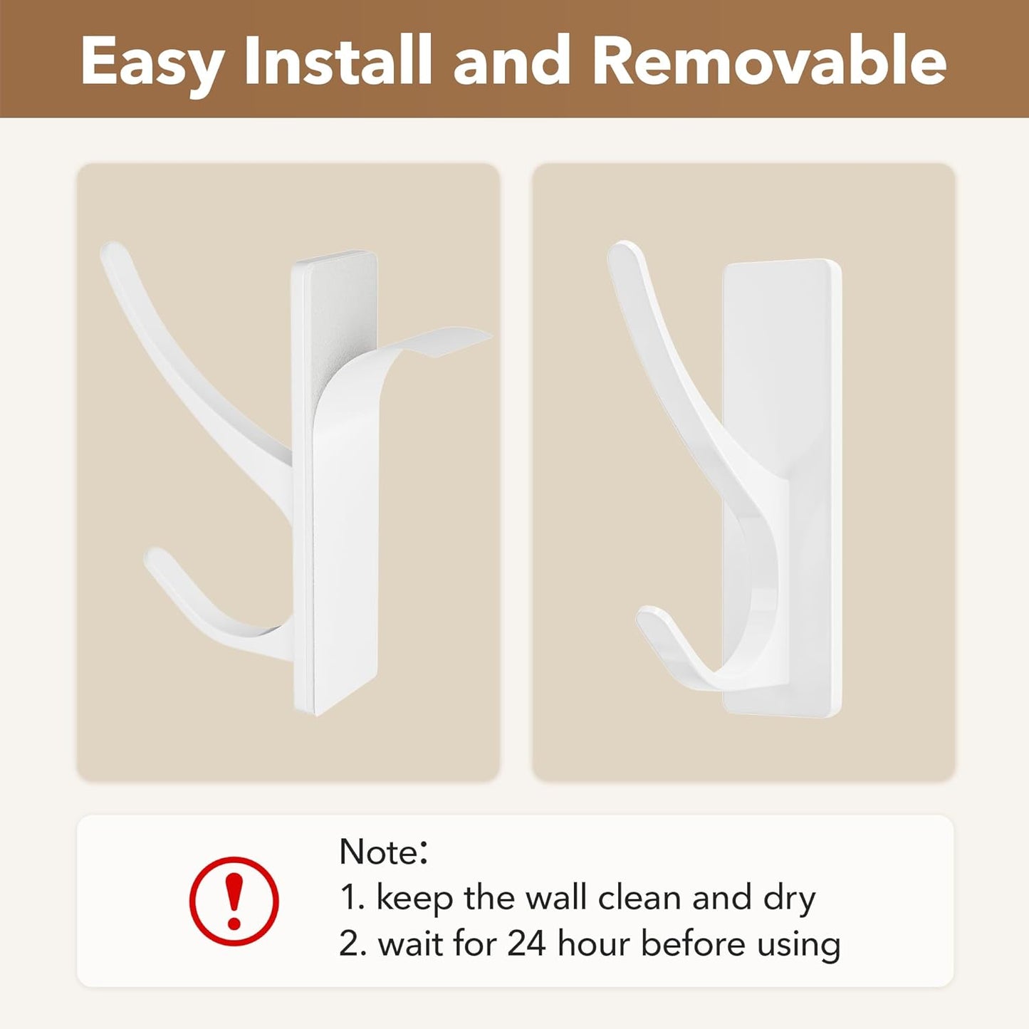 Self Adhesive Coat Hooks for Hanging, Heavy Duty Stainless Double Wall Hook for Towel, Backpack, Hat, Sturdy Metal Hanger for Bathroom, Bedroom, Door, Wall Mounted, 6 Pack, White