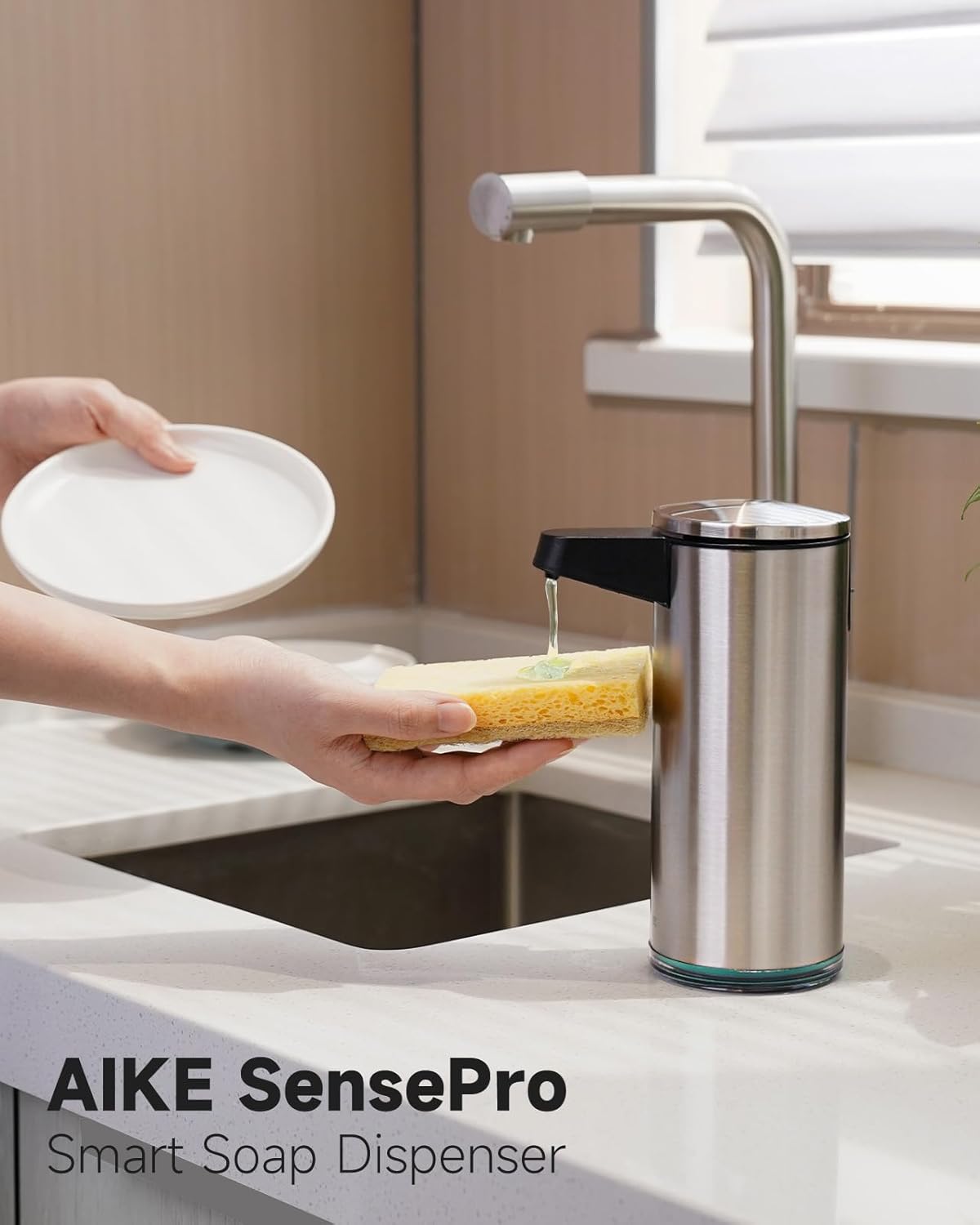 AIKE SensePro Automatic Soap Dispenser Type-C Rechargeable, Brushed Stainless Steel Finish 12.8 fl.oz. for Liquid Soap