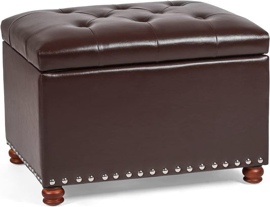 Leather Storage Ottoman Bench Foot Rest Stool with Nailhead Trim (Dark Brown - Button Tufted