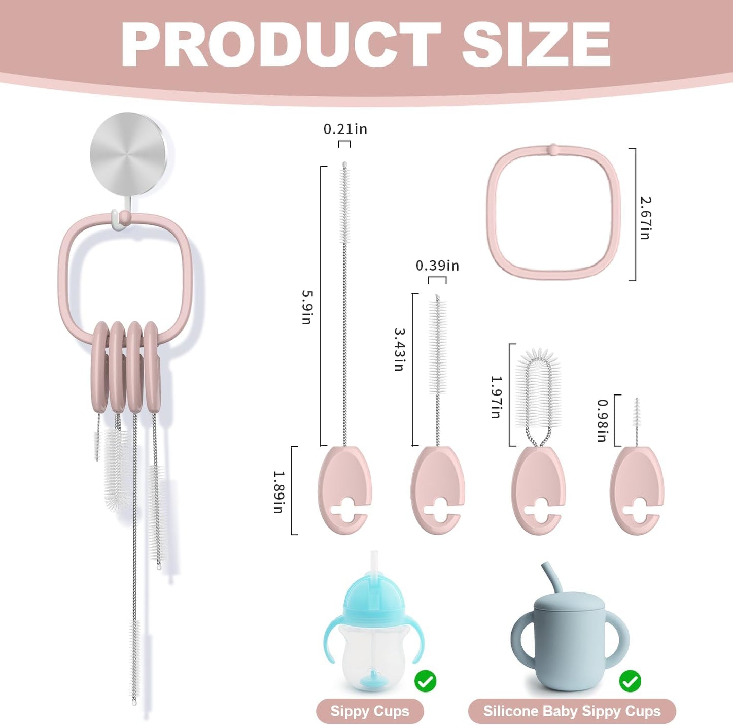 YOTIME Standing Straw Cleaner Brush Set, 4in1 Reusable Straw Brushes with Holder Ring, for Baby Bottles, Sippy Cups and Lids, Pink