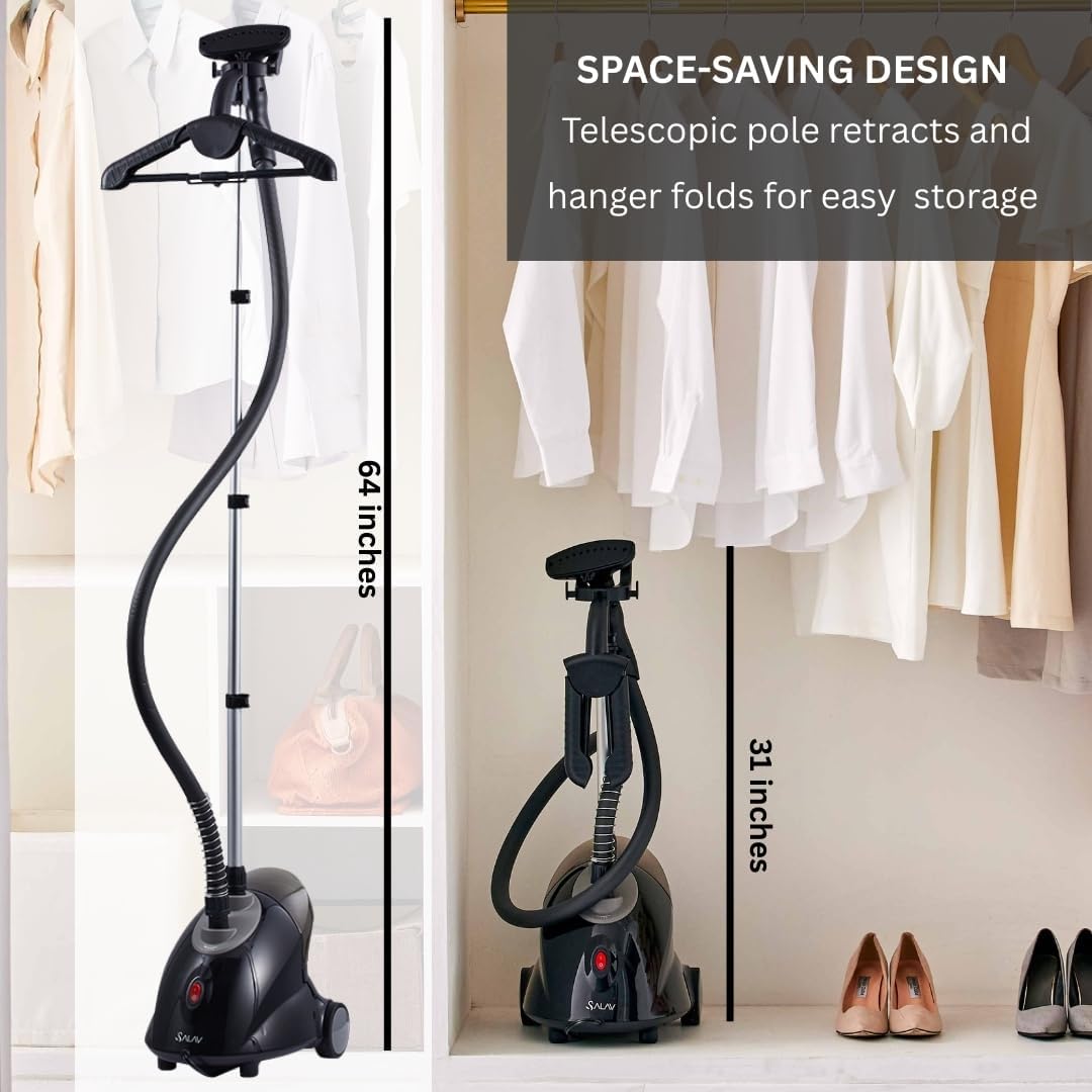 SALAV GS18-DJ Standing Garment Steamer with Roll Wheels for Easy Movement, 1.8L Water Tank for 1 Hour Continuous Steaming, Adjustable Pole for Storage, Includes Descaler Packet, 1500 watts
