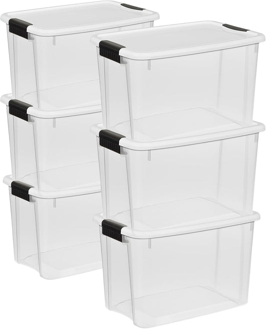 Sterilite 6-Pack Ultra Latching Box, Storage Bins with Lids, Clear Plastic, 30 Quart - Heavy-Duty Organizing Containers for Closet, Bathroom, and Office