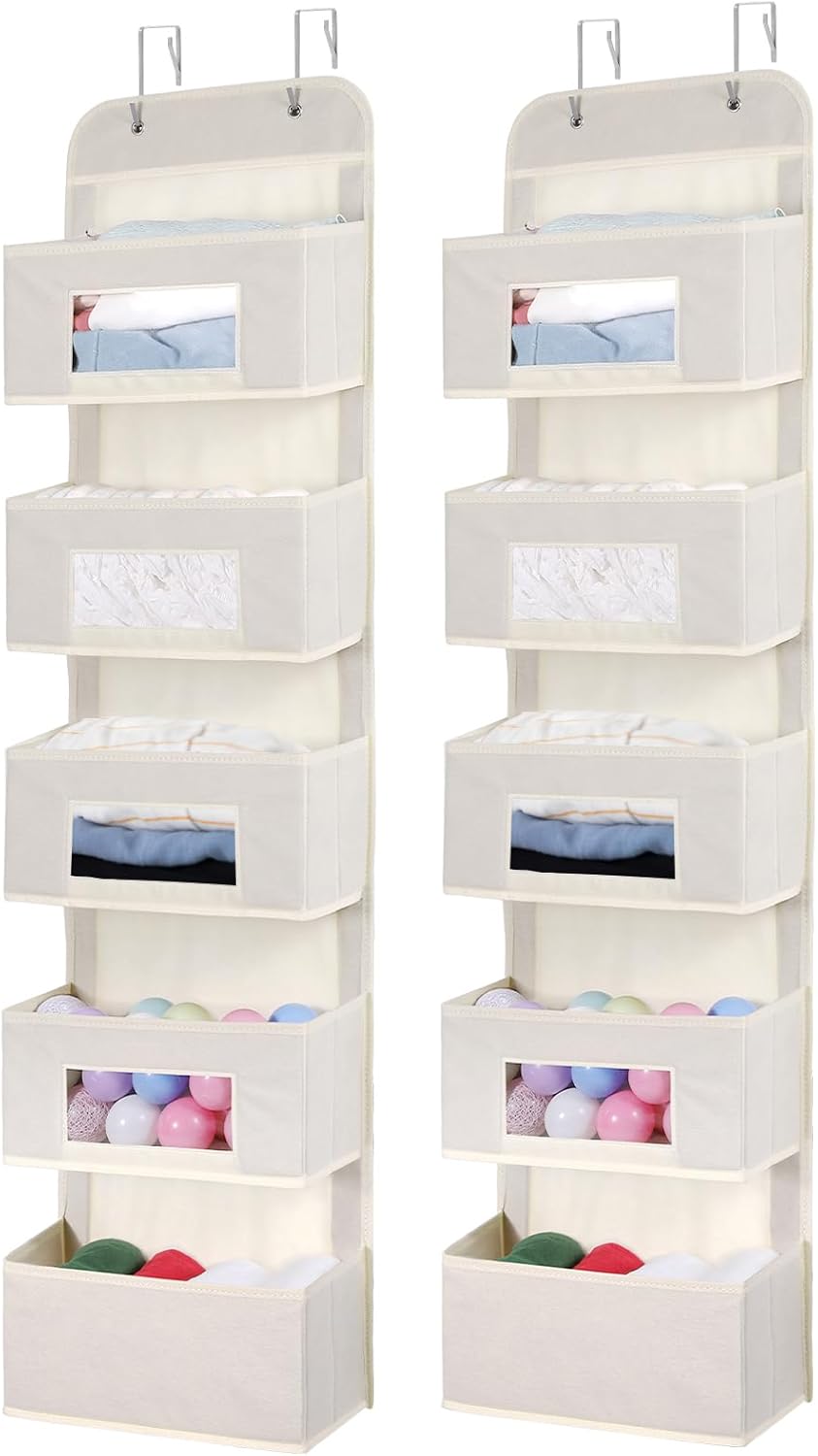 5-Shelf Over The Door Hanging Organizer with 2 Metal Hooks，5 Pocket Over The Door Wall Mount Storage with Clear Windows for Baby Nursery Bathroom Closet,Bedroom,Dorm(Beige-2 Pack)