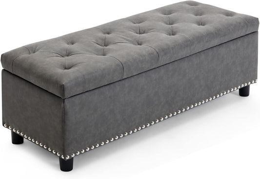 BELLEZE 47" Storage Ottoman, Storage Bench with Safety Close Hinge, Faux Leather Button-Tufted