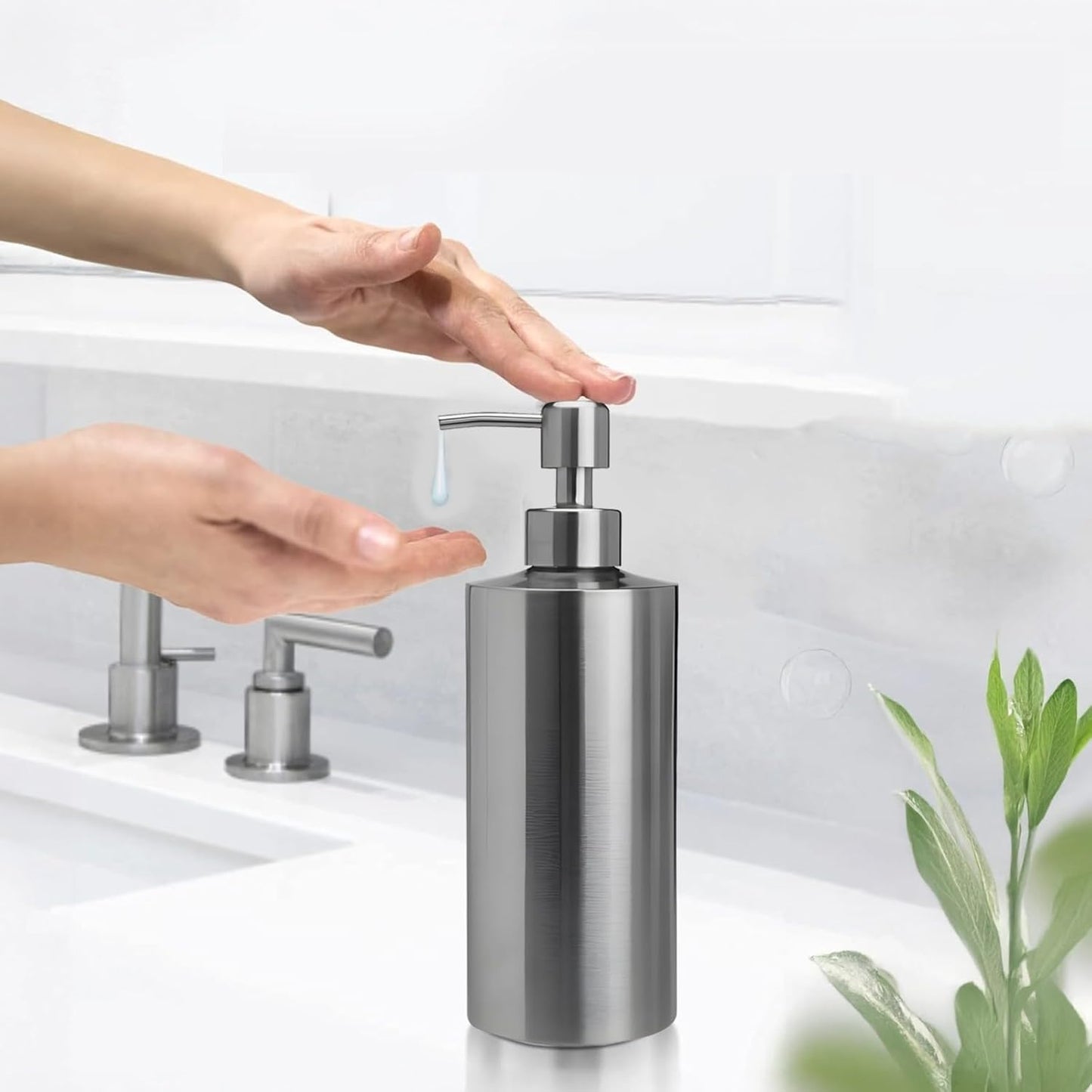 2 Pcs Large 304 Stainless Steel Soap Dispensers, 18.6 fl oz/550 ml Refillable Liquid Pump Bottles for Kitchen, Bathroom, Countertop, Modern Brushed Silver Cylindrical Design