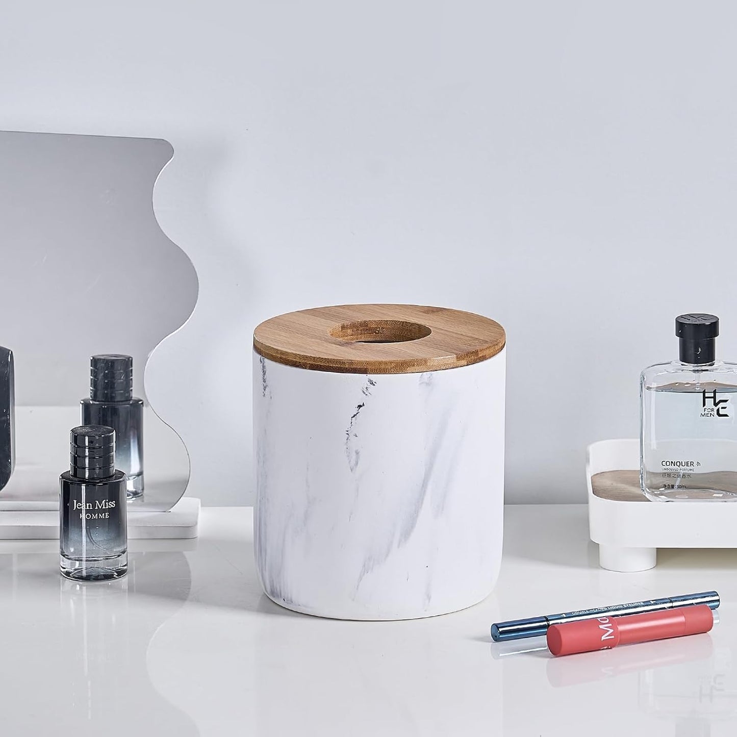 Polytree Marble White Mini Trash Can with Bamboo Lid,Small Countertop Trash Can,Desk Trash Can,Table top Mini Garbage Cans,Resin Tiny Waste Basket