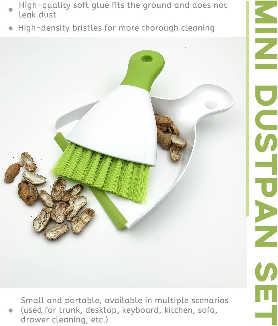 Dust pan Broom Brush Dustpan - Small Broom and Dustpan Set, Mini Broom and Dustpan, Small Dustpan and Brush Set for Home Cleaning, Sofa, Desk, Guinea Pig Cage, Cat Litter etc.（Green 3 Set）