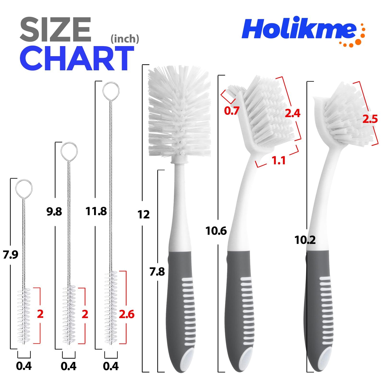 Holikme 6 Pack Dish Brush Set with Bottle Brush, Dish Scrub Brush,Gray