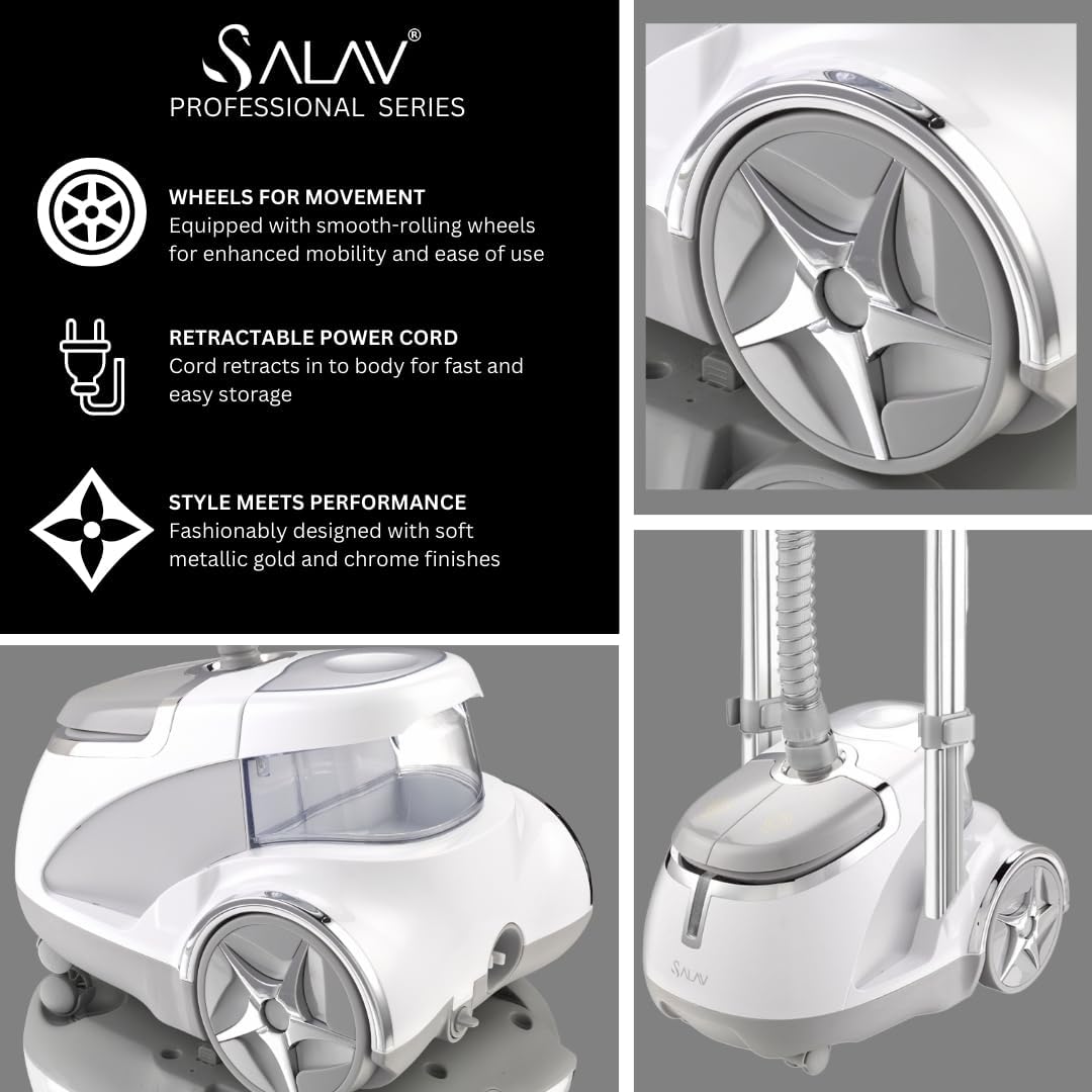 SALAV GS45-DJ Professional Upright Garment Steamer with Roll Wheels, Multi-Function Extra Wide Hanger, Fabric Brush & Mini Ironing Paddle, 1500 watts, Silver