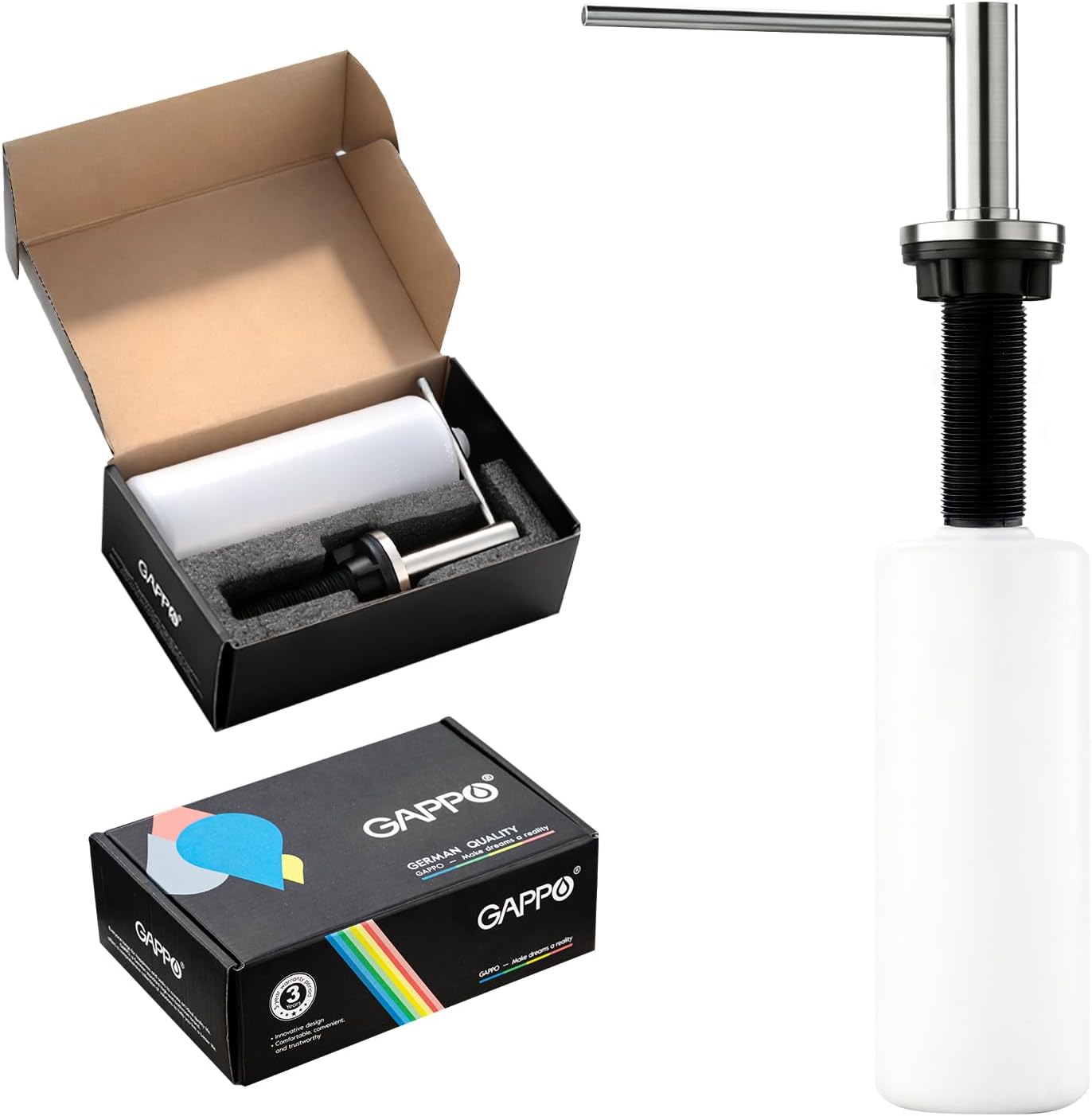 GAPPO Soap Dispenser for Kitchen Sink, Built in Sink Soap Dispenser, Brushed Nickel Stainless Steel Pump Head, Lotion Dispenser with Refillable 17 OZ Bottle