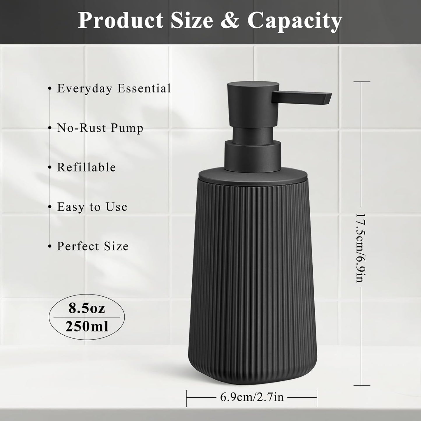 Black 2 Pack Hand Soap Dispensers with No Rust Pump for Bathroom and Kitchen Countertops Refillable Striped Matte Plastic 8.5 oz