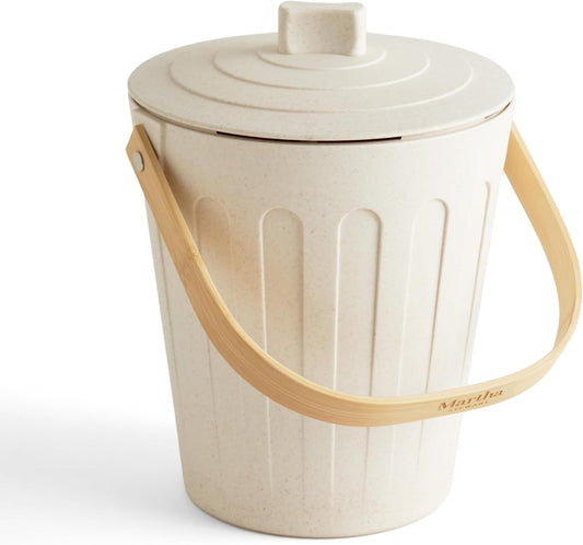 Martha Stewart Indoor Compost Bin | Countertop Composting Bucket for Kitchen | .7 Gallon Capacity | Includes Filter | Plant Based Materials | Linen White