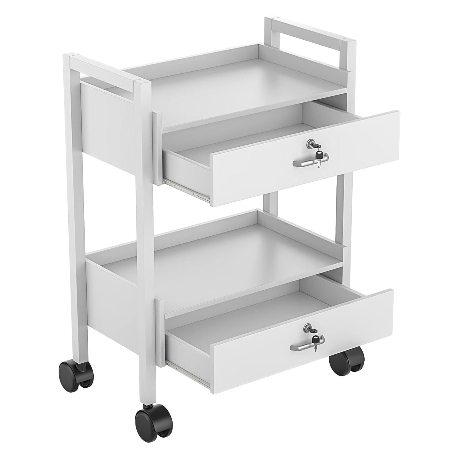 Paddie Salon Trolley Cart, Salon Tray Wooden Mobile Utility Cabinet with 2 Lockable Drawers, Rolling Storage Station Medical Esthetic Supply Holder for Beauty Spa (2 Drawers, White)