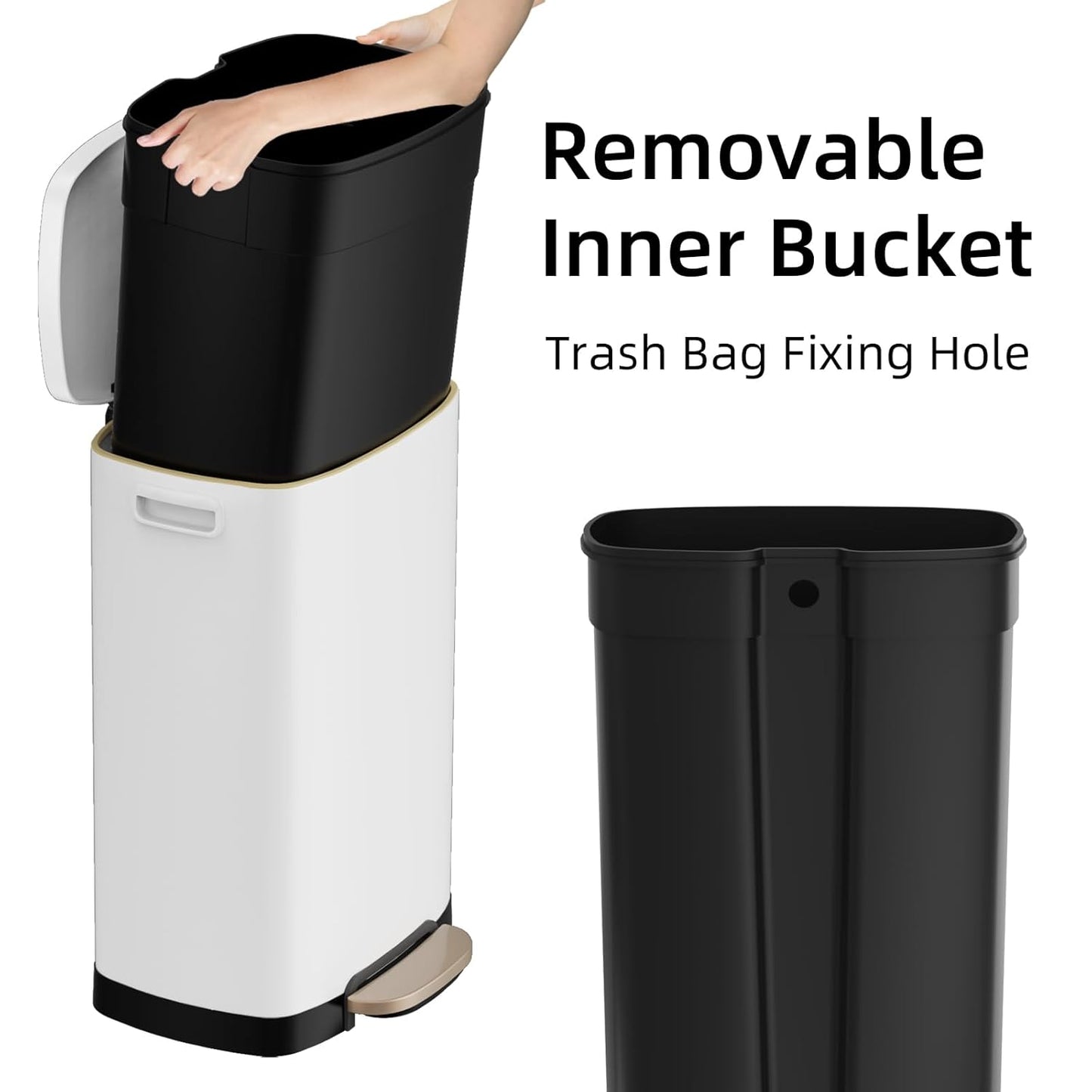 KUK 13 Gallon Kitchen Trash Can with Lid, 50L/13Gal Office Step Garbage Can for Home, Kitchen, Laundry Room, Office, Brushed Stainless Steel, White