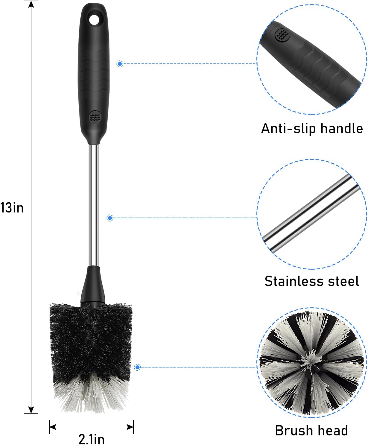 SetSail Bottle Brush of 3 Pack, 13-in Long Stainless Steel Handle Water Bottle Cleaner Brush Non-Slip Grip Bottle Brushes for Cleaning Water Bottles Sport Bottles Coffee Mugs Glasswares Cups, Black