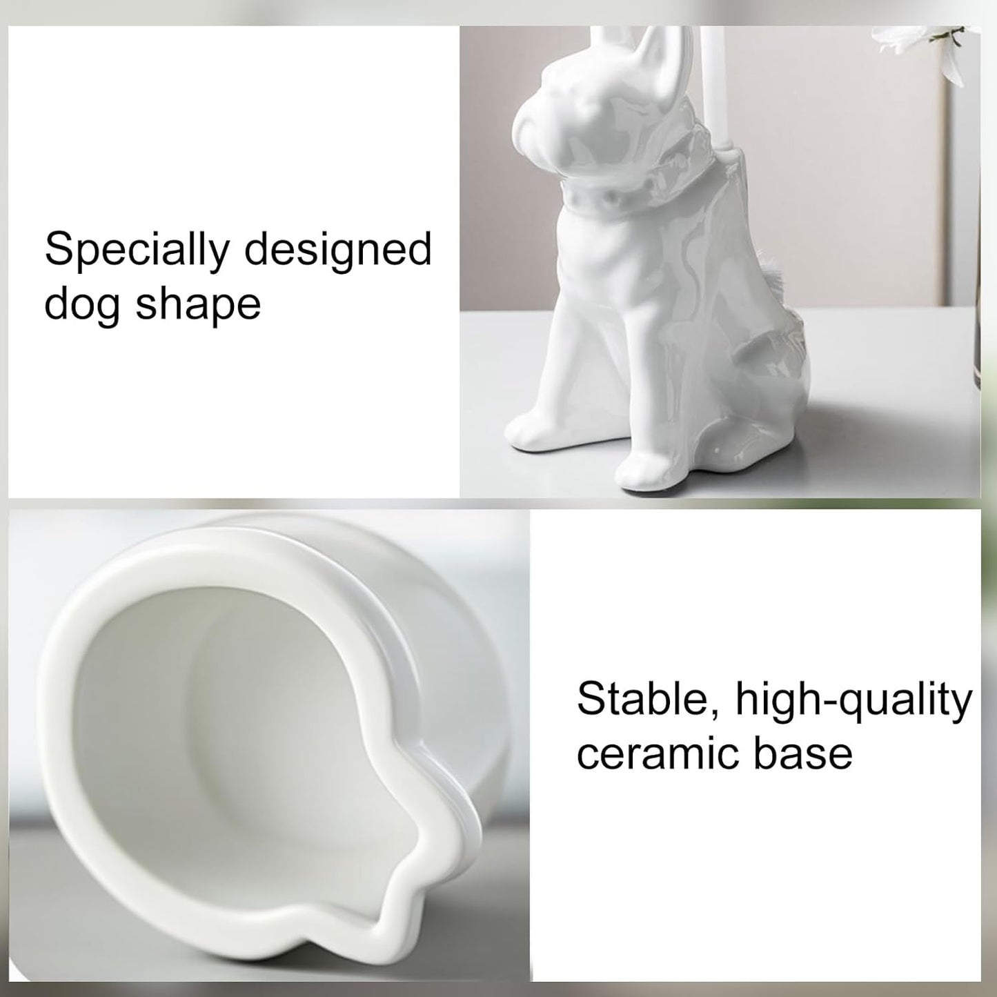 Comeon Ceramic Dog White/Black Toilet Brush and Holder Set, Plastic Handled Scrub Brush for Bathroom Cleaning,13.7"*6.3" (White)