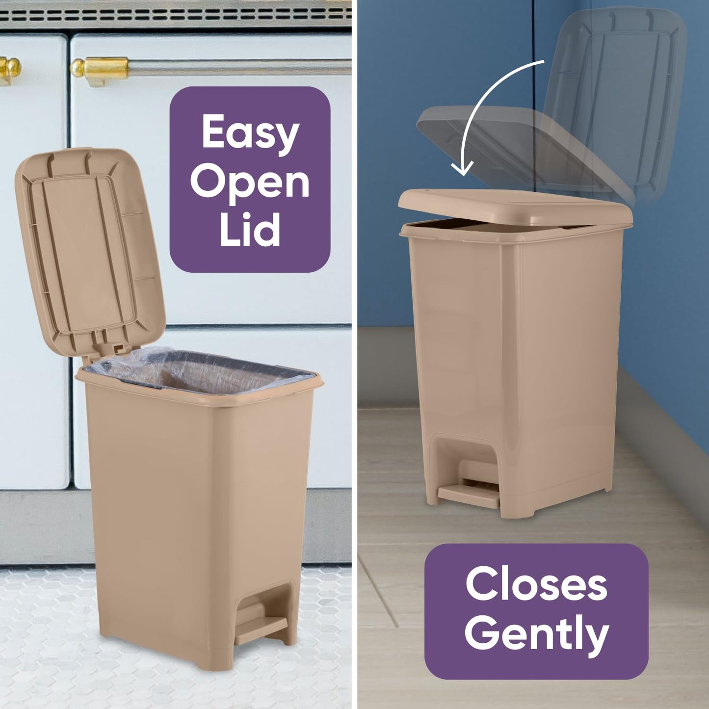 Superio Slim Step On Trash Can, Beige Waste Bin with Foot Pedal Lid 26 Liter, Kitchen, Under Desk, Office, Bedroom, Bathroom (1, 4 Gallon)