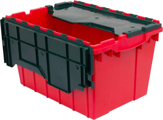Akro-Mils KeepBox 12 Gallon Storage Container, Nesting and Stackable Plastic Storage Box with Lid Attached, Clear Tote for Garages, Closets, and Moving, 21-1/2" x 15" x 12-1/2", Red/Green