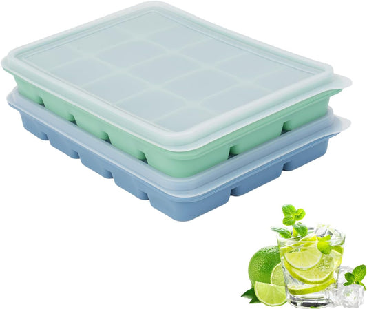 Ice Cube Trays with Silicone Lid, 15 Grid Square Ice Tray Easy Release Stackable Ice Cube Mold, 2