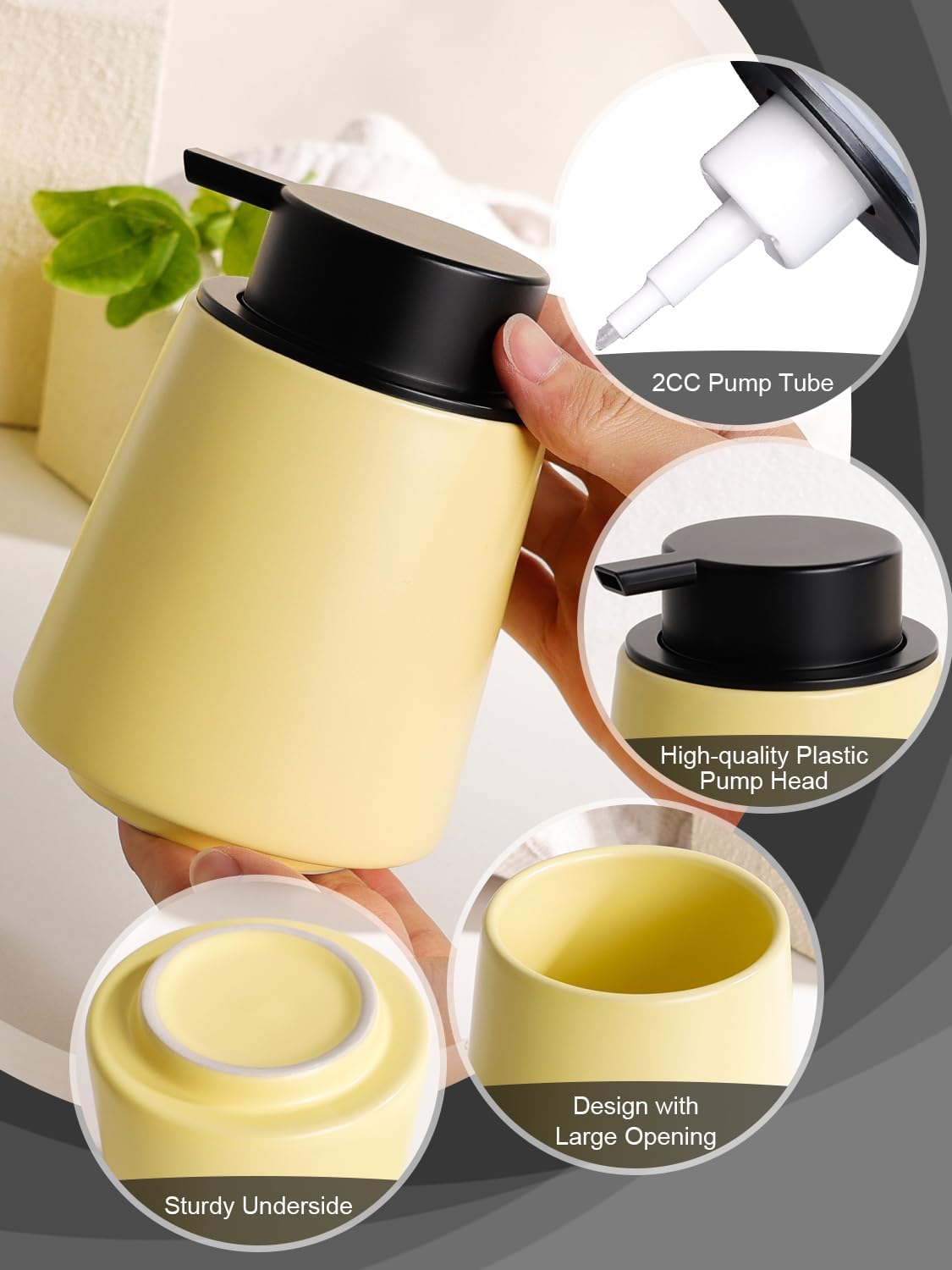 INGOFIN Ceramic Foaming Soap Dispenser -14 oz Foam Hand Soap Dispenser Bathroom, Modern Refillable Dish Wash Bottle for Kitchen with Large Pump, Matte Yellow