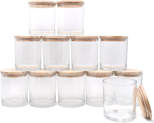 14 OZ Thick Candle Jars for Making Candles 12 Pcs, 3 Wick Empty Jars with Wood Lids for Candle