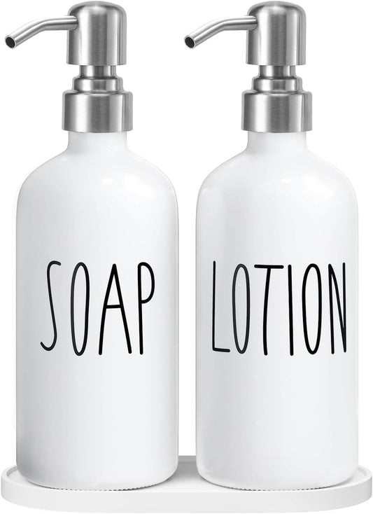 MOMEEMO Hand Soap Dispenser for Bathroom, Soap and Lotion Dispenser Set with Silver Metal Pump, Suitable for Farmhouse Bathroom Decor. (White & Silver)