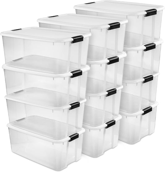 Sterilite 12-Pack Ultra Latching Box, Storage Bins with Lids, Clear Plastic, 116 Quart - Heavy-Duty Organizing Containers for Closet, Bathroom, and Office
