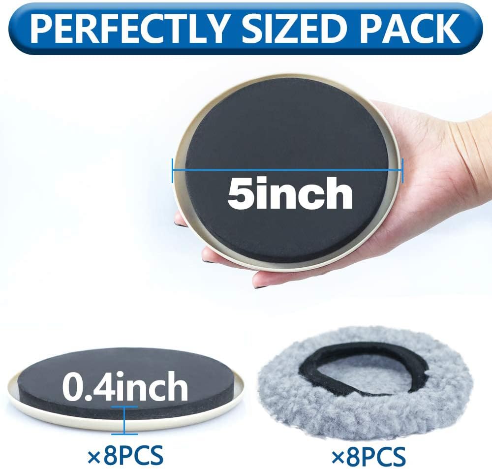 Furniture Sliders Multi-Surface 2-in-1 Reusable Moving Pads for All Floor Types - 8 Pack 5" Carpet Sliders and 8 Hardwood Socks - Protect Floor and Easier to Move Your Furniture