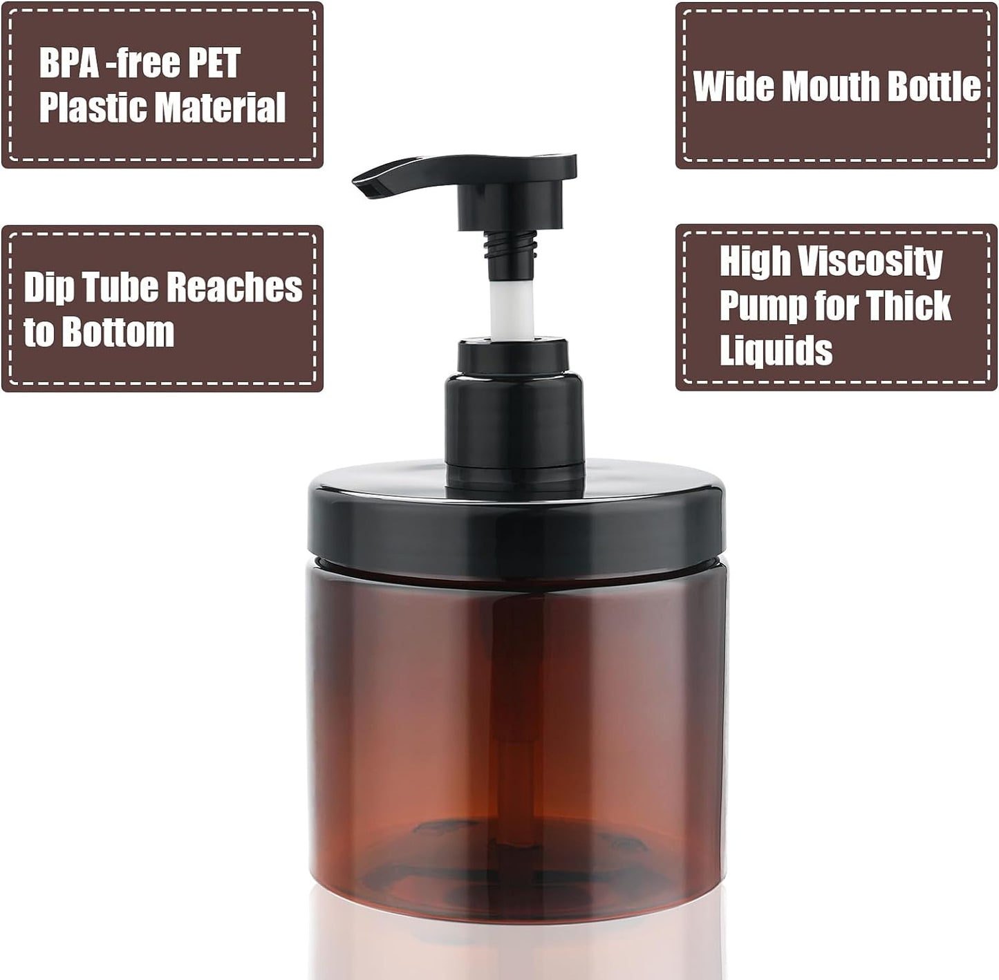 Cosywell Pump Bottle Dispenser Shampoo and Conditioner Dispenser 2 Pack 16.9oz/500ml Wide Mouth Hand Soap Dispenser Refillable Plastic Empty Liquid Container for Lotion Body Wash(Brown)