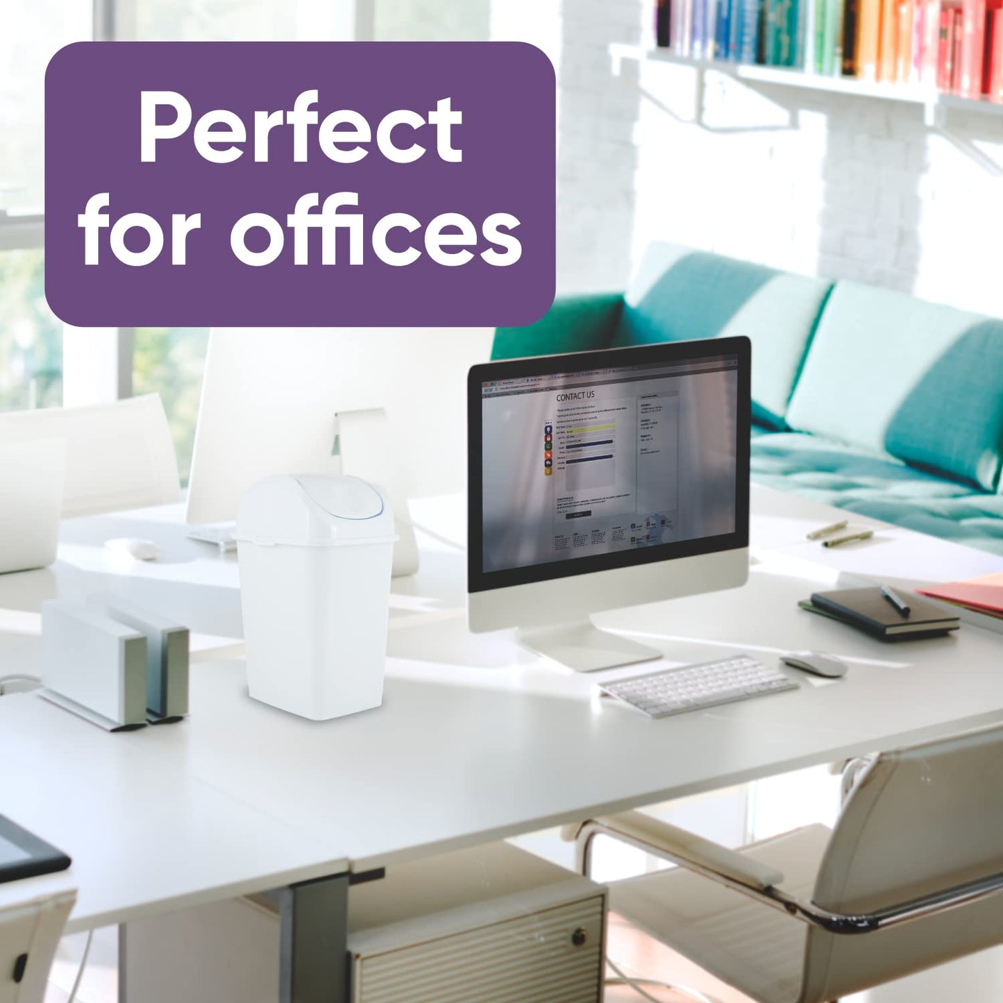 Superio Mini Desktop Trash Can with Swing Top Lid Portable Plastic Garbage Can for Countertop, Desktop, Make up Vanity, Bathroom, Car, Under Sink, Dorm, Compact Waste Bin 5 L 1.25 Gal (2, White)