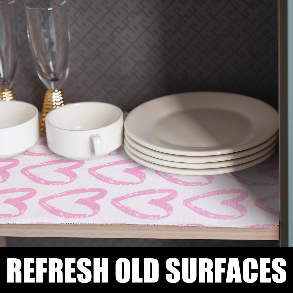 Pink Heart Drawer Liner for Cabinets, Shelf Liner Non-Adhesive and Strong Non-Slip Cabinet Drawer Liners for Kitchen,Table,Bookshelves,Waterproof Cupboard Liners,12IN x 10FT