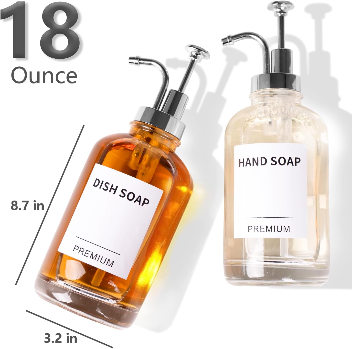 Dish Soap Dispenser for Kitchen, Hand Glass Soap Dispenser Set with Pump, Tray, Funnel for Bathroom, Shower, Laundry, Liquid, Lotion (Silver 2 Pack 18 Oz Clear Bottles with 12 Stickers)