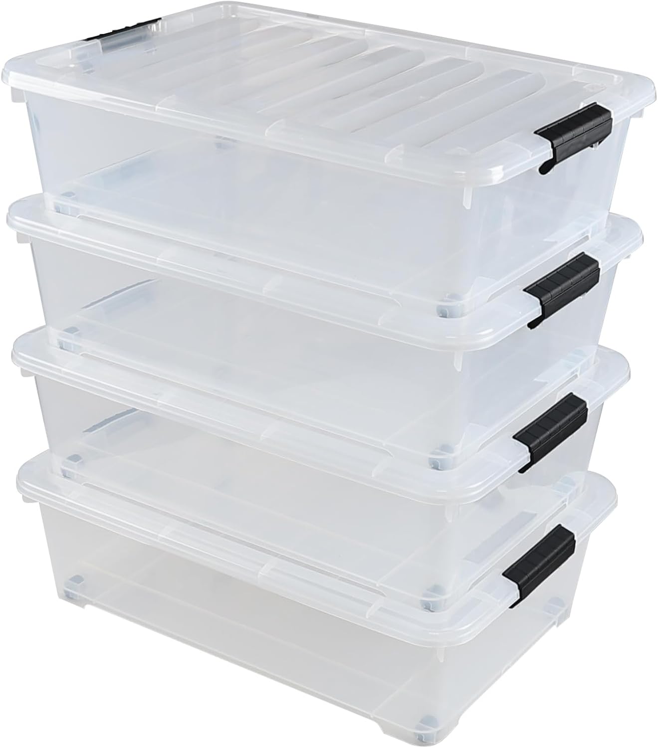 25 L Plastic Sturdy Rolling Under Bed Storage Container Bins, Clear Underbed Storage with Latching Lid and Wheels, 4 Packs