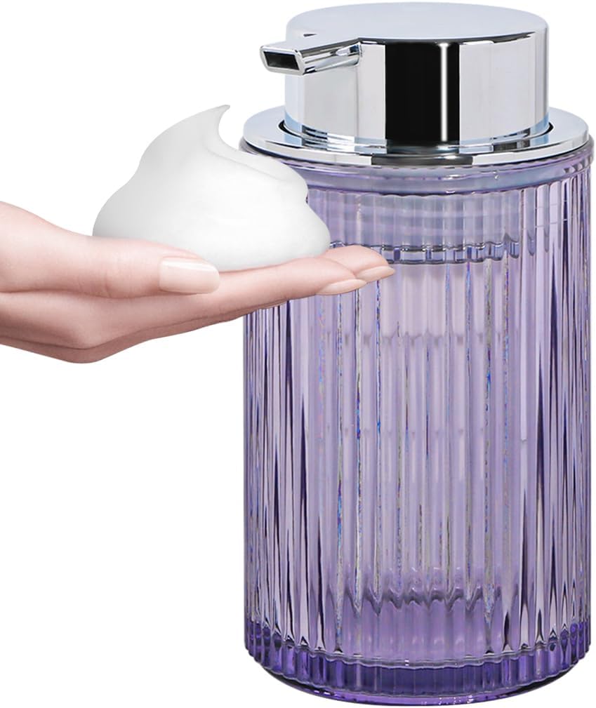 Foaming Soap Dispenser, 11 Oz Thick Glass Foam Hand Soap Dispenser, Refillable Glass Foam Pump Bottle Container Decorative Slim Ribbed Bottle for Bathroom and Kitchen (1, Purple Silver)