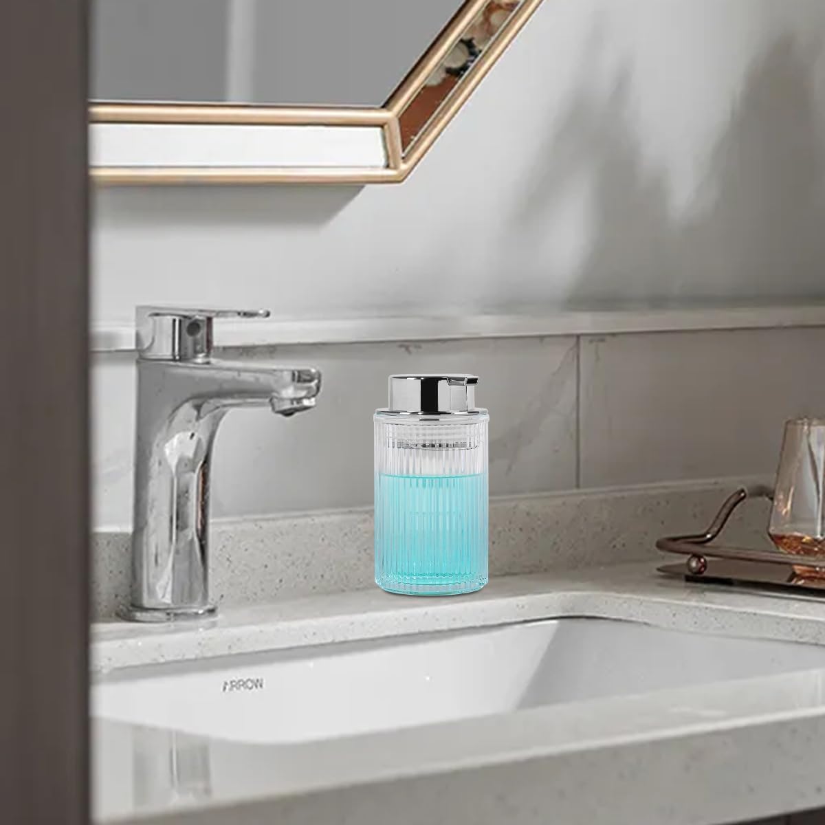 Clear Foaming Soap Dispenser, 12 Oz Glass Foaming Hand Soap Dispenser with Silver Pump, Bathroom Refillable Liquid Lotion Container Pump Ribbed Bottle for Kitchen Bathroom Decor, 1pc