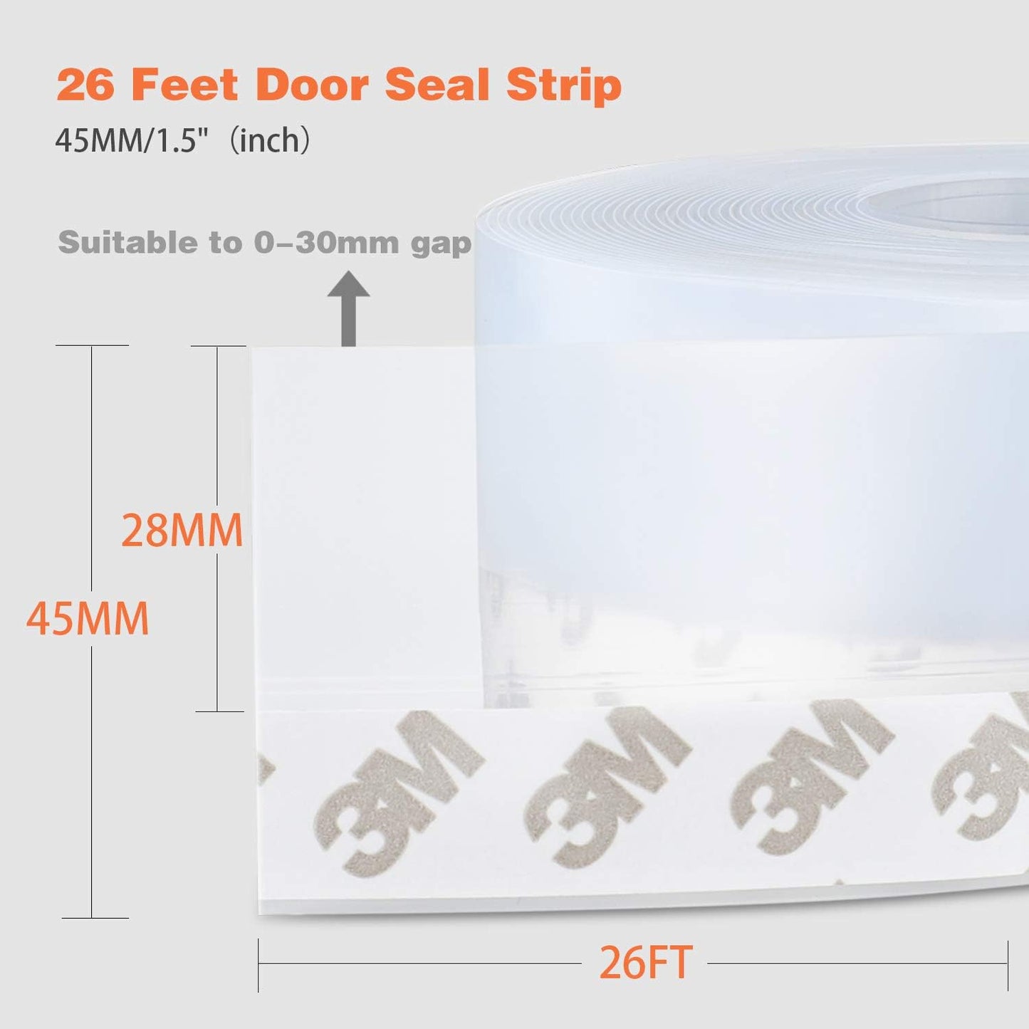 26 Feet Silicone Seal Strip,Door Weather Stripping, Sealing Tape for Door Draft Stopper Adhesive Tape for Doors Windows and Shower Glass Gaps (Transparent, 45MM)
