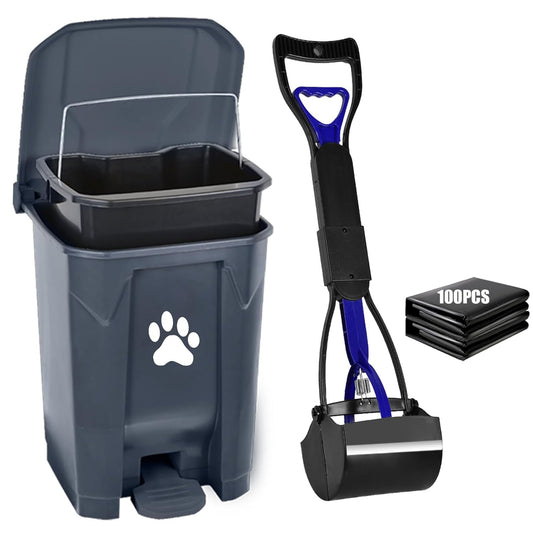 Dog Poop Trash Can Outside with Pooper Scooper, Outdoor Dog Waste Trash Can with Lid Waste Bag Odor Control for Yard Garden, 20L Grey