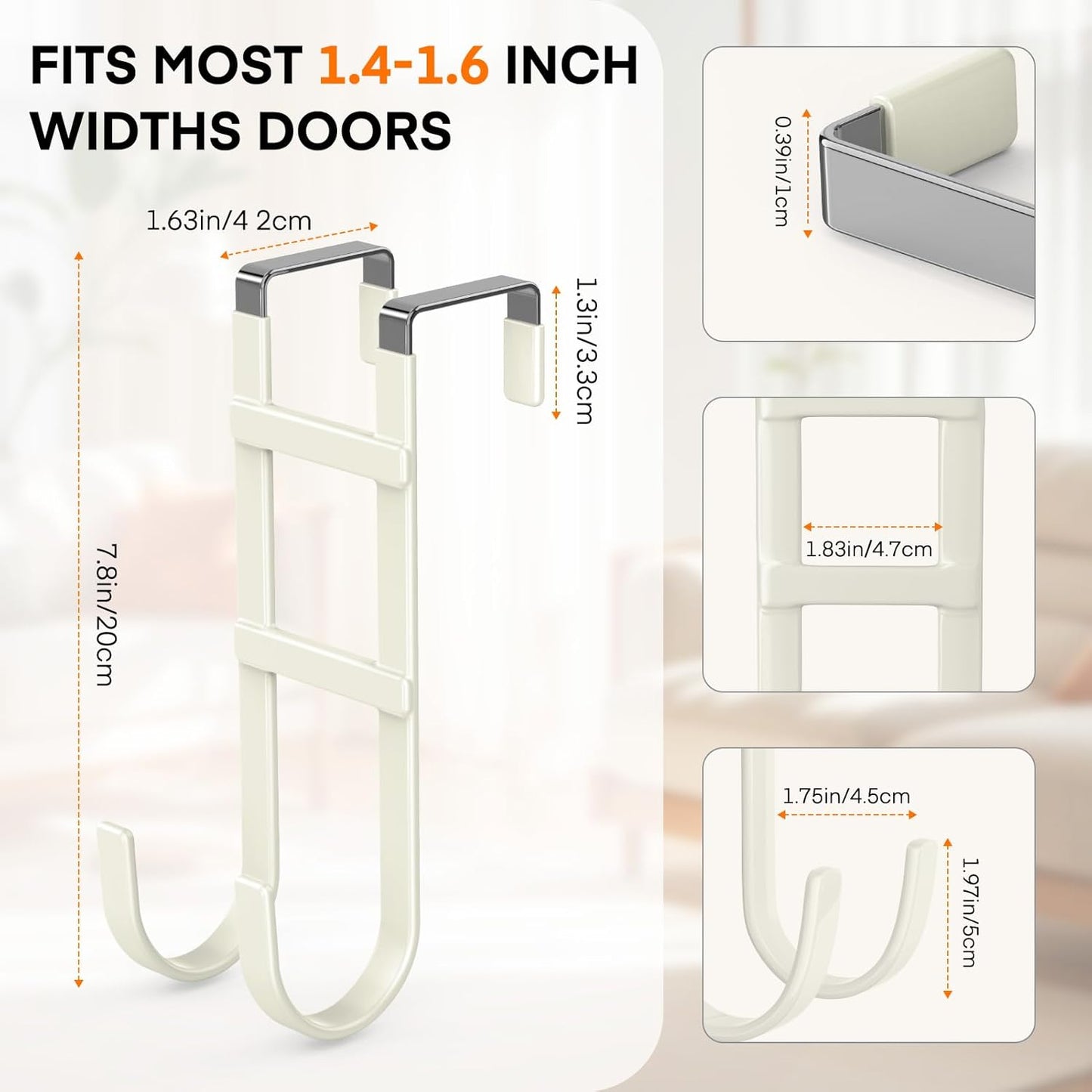 FYY Over The Door Hooks - 4 Pack Heavy Duty Dual-Hook Organizer Hanger with Non-Slip Rubber for Towels, Clothes, Hats & Bags Use in Bathroom, Bedroom, Kitchen - Fits Interior Doors Up to 1.6" Beige