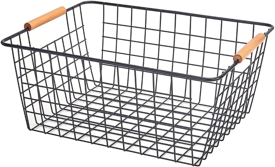 LeleCAT Large black wire baskets with Wooden Handles for storage pantry, Storage Organizer Baskets, Household Refrigerator for Cabinets, Closets, Bedrooms, kitchen - Set of 3 Black