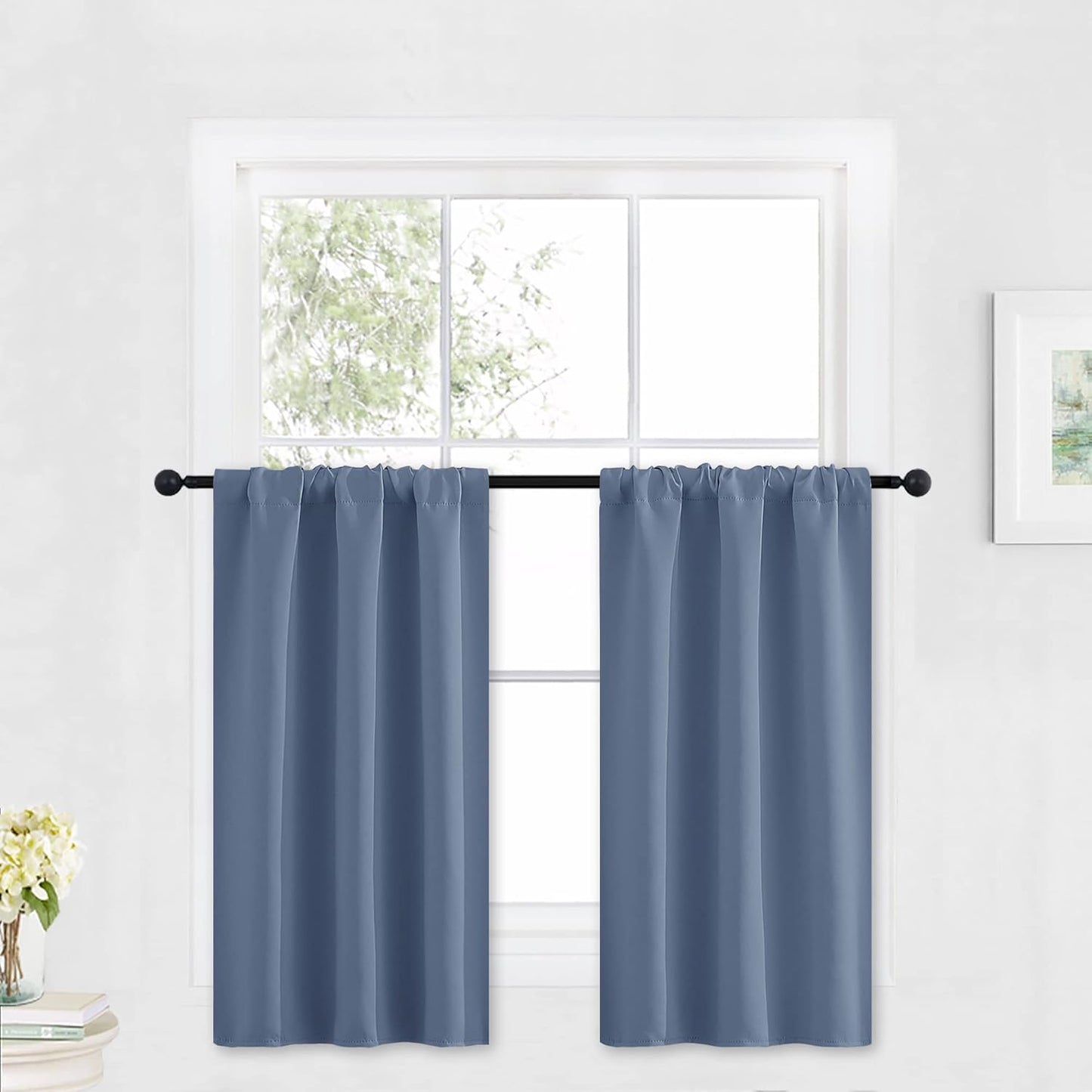 RYB HOME Short Blackout Curtains - Thermal Insulated Noise Reducing Energy Efficiency Small Window Decor for RV Closet Bathroom, 29 inches Wide x 36 inches Long, Stone Blue, 1 Pair