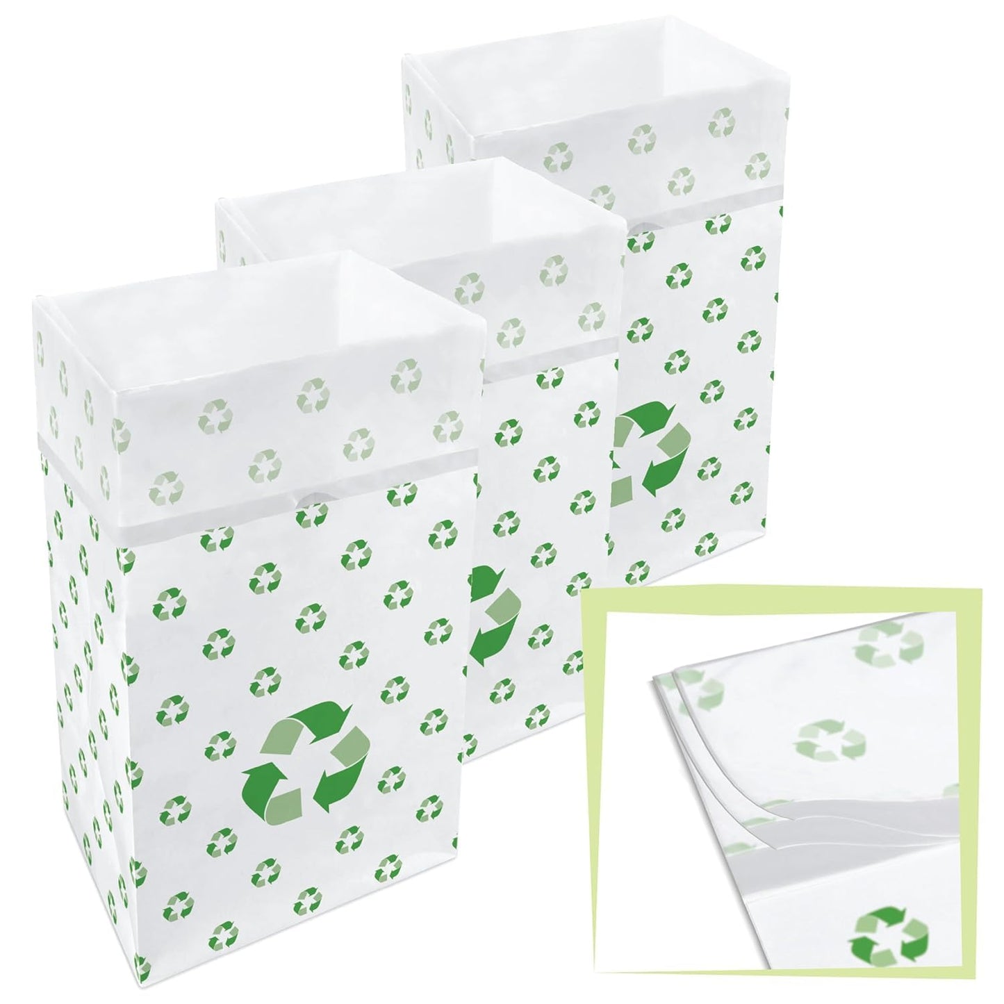 30 Gallon Disposable Pop-Up Trash Cans (3-Pack, Multi-Liner) with Fitted Bags – Foldable Garbage & Recycling Bins for Parties, Events & Kitchen (Recycle 30" H x 14" W x 17" D)