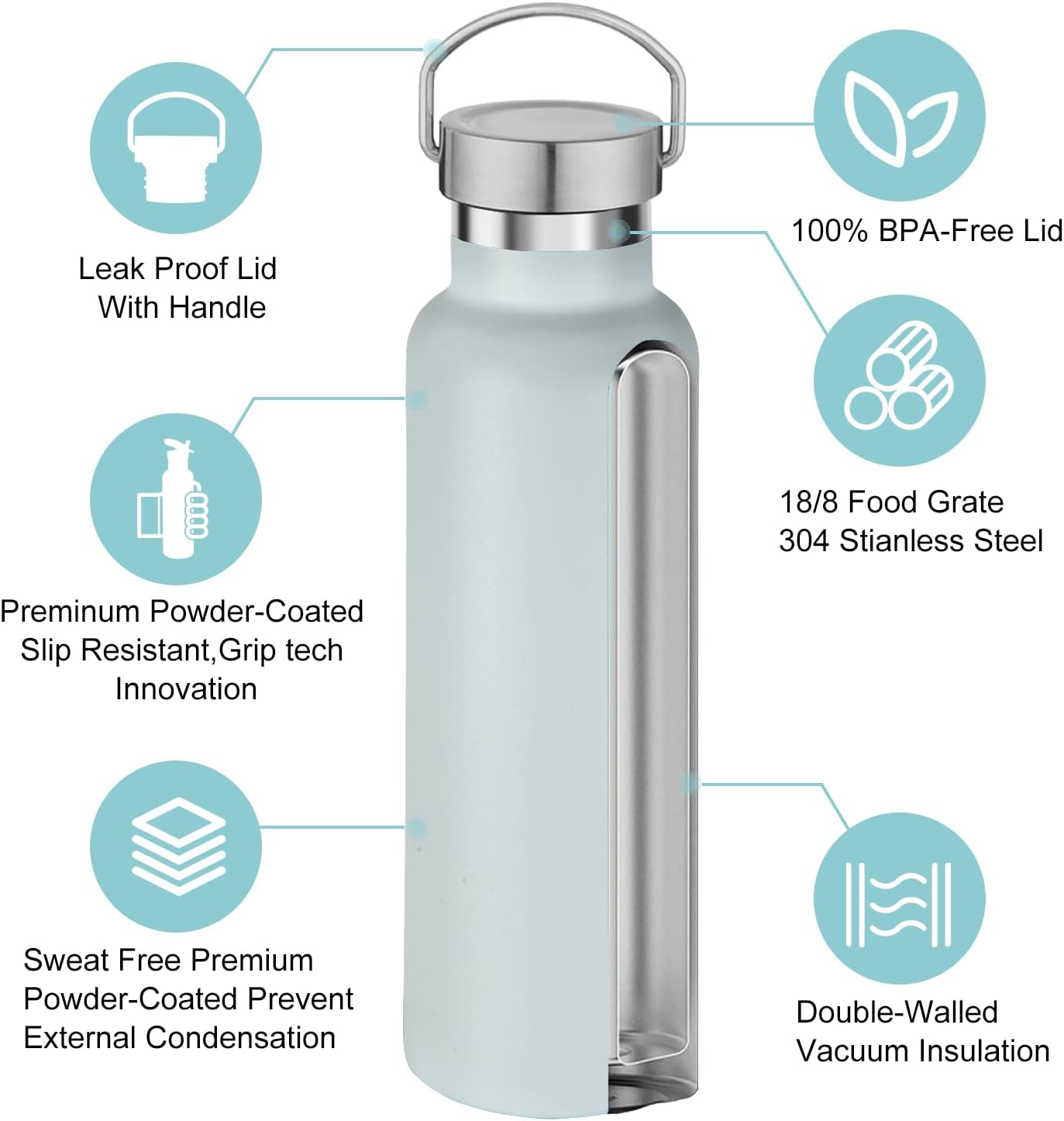 Neihepal 20 oz Insulated Water Bottles Bulk 8 Pack,Stainless Steel Double Wall Sport Bottle with Lid of Handle,Metal Reusable Flask with Cup Cap for School,Hikers,Gift (Fog,Set of 8)