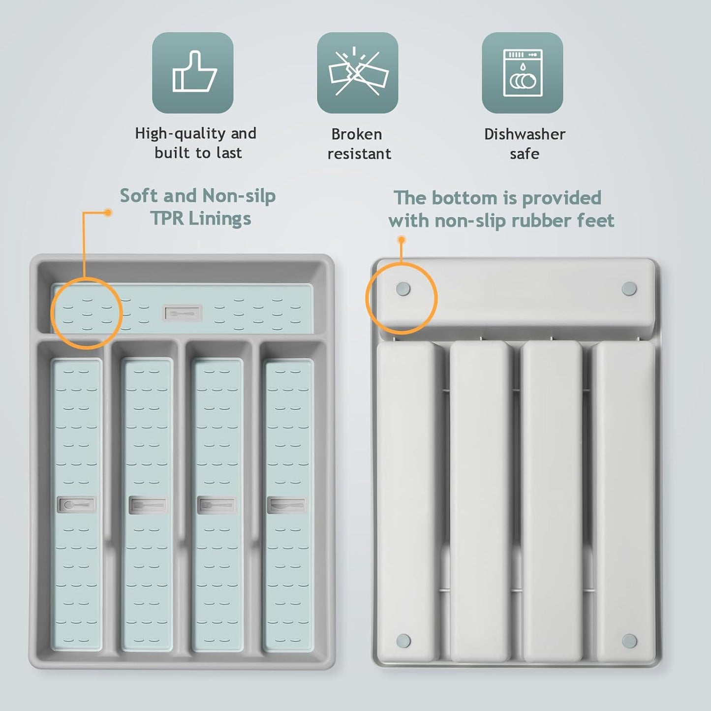 Silverware Organizer with Cutlery Icons，Silverware Tray for Kitchen Drawer，Flatware Tableware Cultery Drawer Organizer Utensil Organizer with Non-slip TPR Linings，Kitchen Organization Essentials
