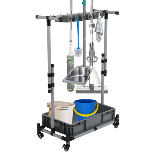 Rolling Cleaning Cart with Mop & Broom Organizer,Movable Floor-Mounted Mop Rack Floor Standing Cleaning Tool Cart with Wheels for Housekeeping, Garage &Garden