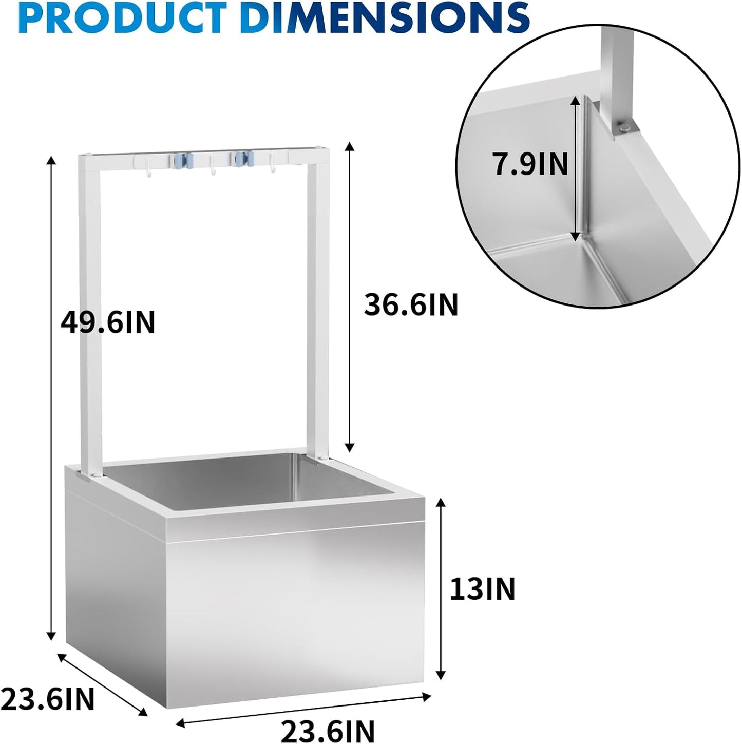 TONGMO Stainless Steel Floor Mop Sink, Mop sink with Cleaning Tool Rack (23.6" x 23.6" x 13")