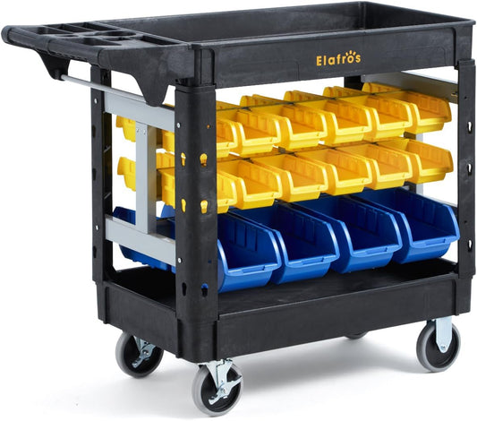 Elafros 2-Tier Utility Cart with 32 Storage Bins – Heavy-Duty Rolling Service Cart with Deep Tub Shelves, Locking Wheels, 550 lbs Capacity, 40.7"x17", for Workshop, Garage, Office