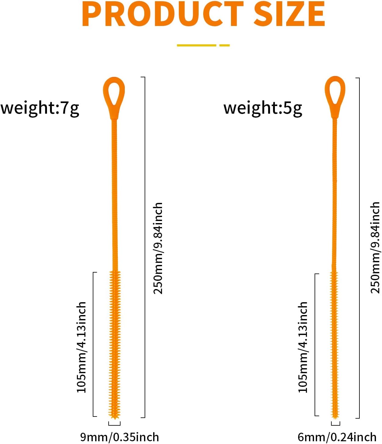 2Pcs Silicone Straw Cleaner Brush, 9.84in Reusable Straw Cleaner with Bendable Steel Core, Extra Long Soft Bottle Brush for Clearing Glass Straws, Smoothie Straws, 9mm&6mm (Orange)