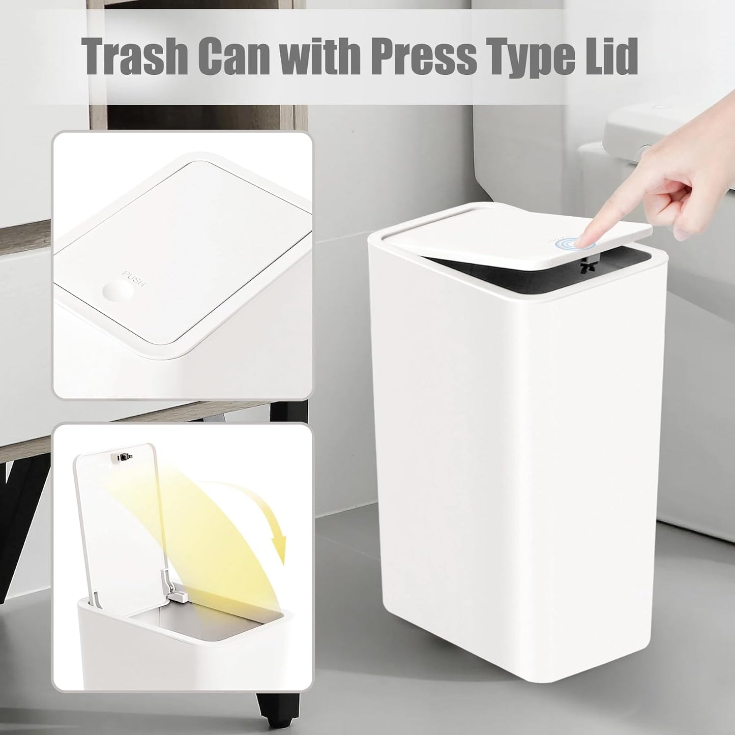 TIPGO Bathroom Trash Can with Lid, 10 Liter/ 2.6 Gallon Slim Garbage Can, Small Trash Bin Waste Basket with Pop-Up Lid for Kitchen, Bedroom, Living Room, Office (White)