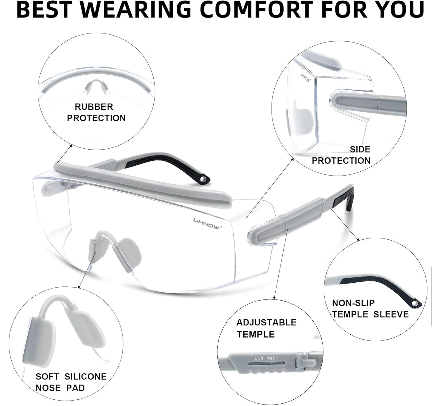 UKNOW Safety Goggles Over Glasses, Safety Glasses Anti Fog Wraparound Eye Protection, Protective Eyewear ANSI Z87.1