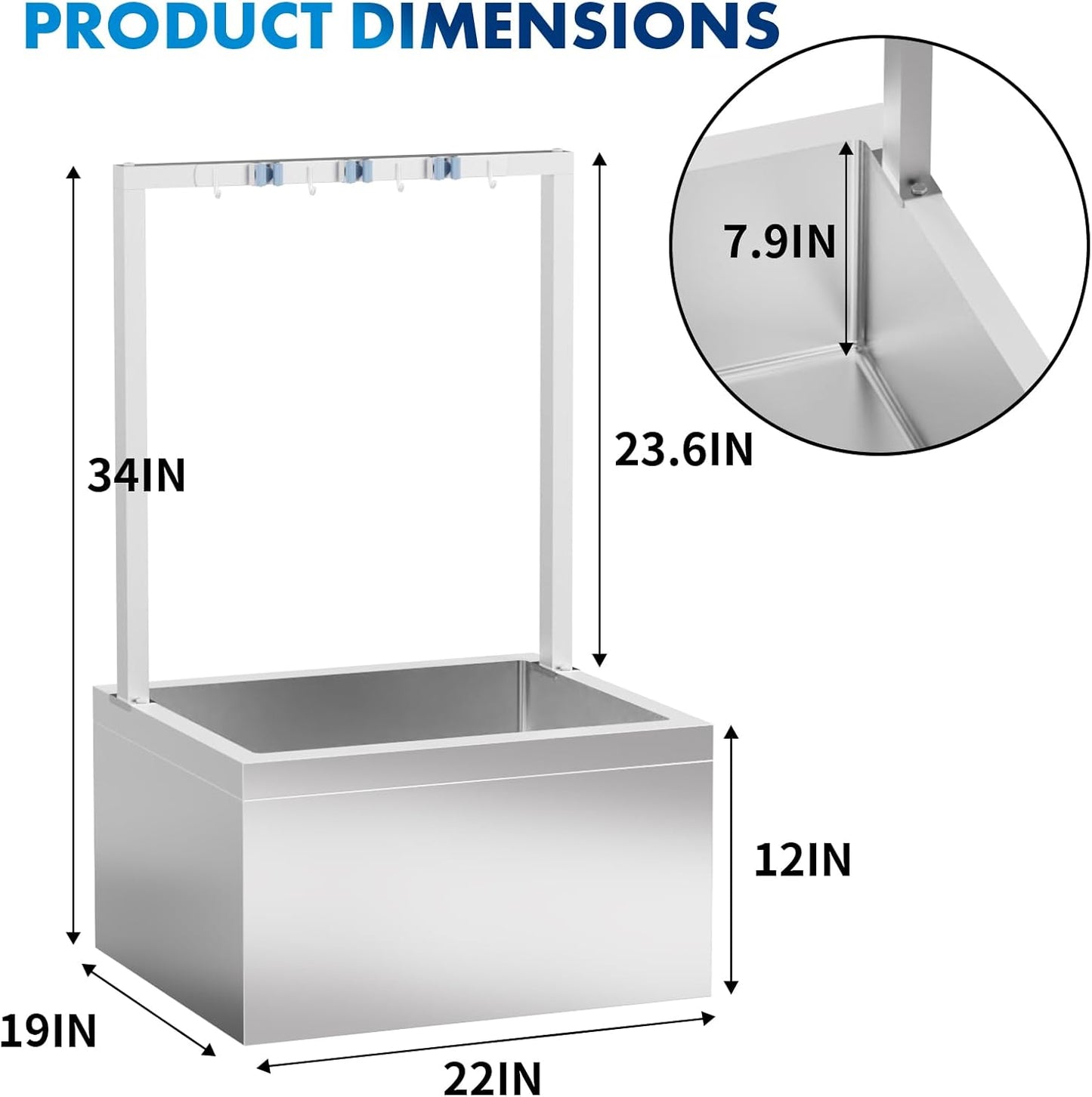 TONGMO Stainless Steel Floor Mop Sink, Mop sink with Cleaning Tool Rack | 19" x 22" x 12"